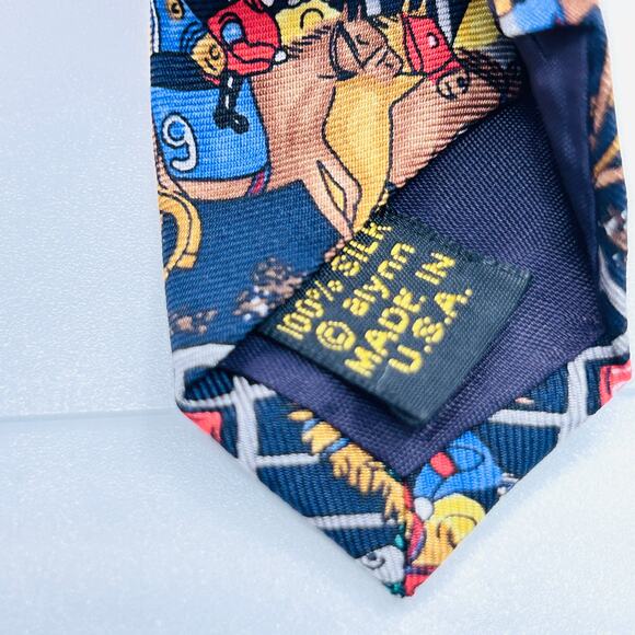 Vintage 80s Alynn Navy Blue Horse Racing Novelty Silk Necktie - Picture 6 of 7